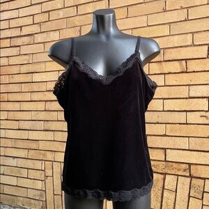 Vintage Y2K Coldwater Creek Black Velvet Lace Trim Cami Top gothic Size Large